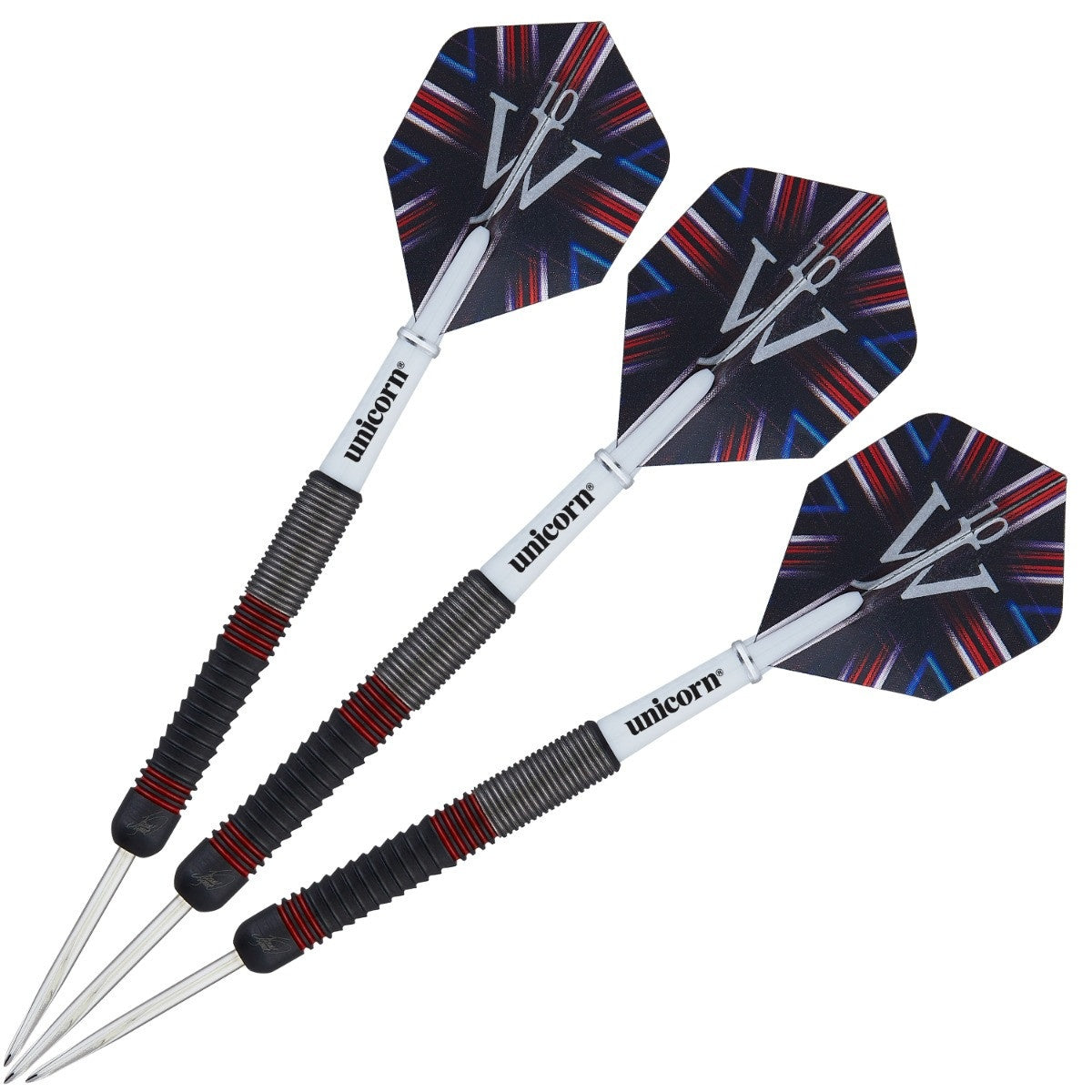 The Machine James Wade Steel Tip Darts image showing the complete three dart set together highlighting barrel design consistency and styling