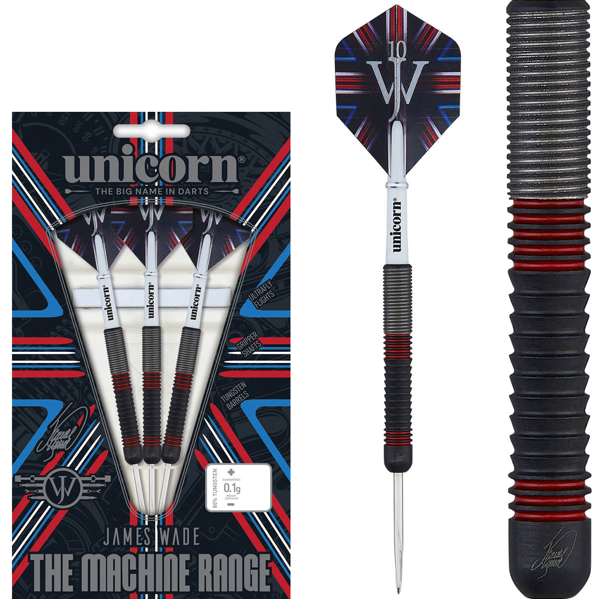 The Machine James Wade Steel Tip Darts main product image showing the darts, packaging, flights, shafts, and included accessories