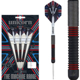 The Machine James Wade Steel Tip Darts main product image showing the darts, packaging, flights, shafts, and included accessories