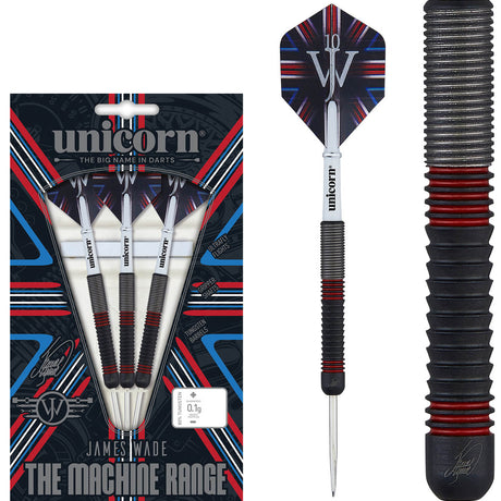 The Machine James Wade Steel Tip Darts main product image showing the darts, packaging, flights, shafts, and included accessories