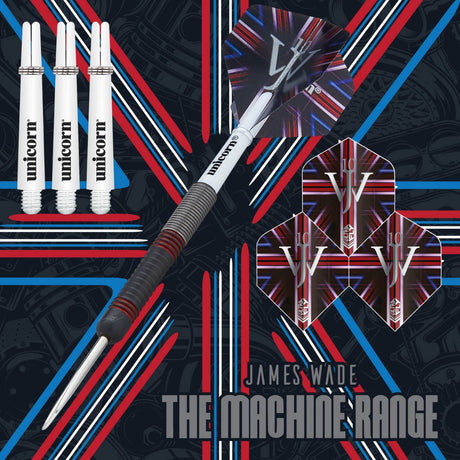 The Machine James Wade Steel Tip Darts branded contents image displaying the darts and included accessories alongside Unicorn branding