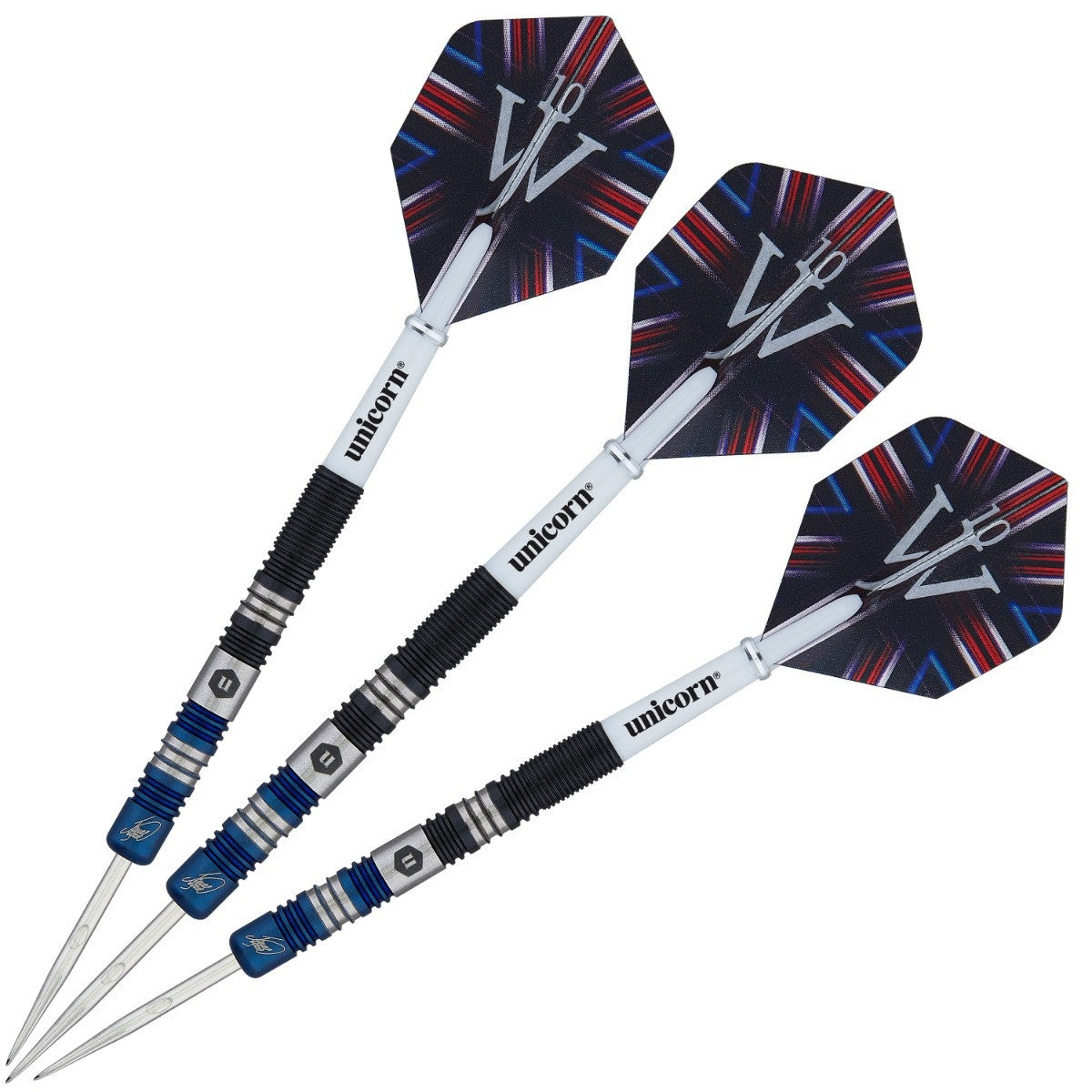 The Machine James Wade Two Tone Steel Tip Darts image showing the complete three dart set together highlighting barrel design consistency and styling