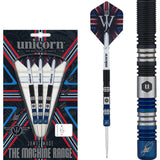 The Machine James Wade Two Tone Steel Tip Darts main product image showing the darts, packaging, flights, shafts, and included accessories