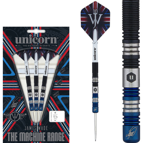 The Machine James Wade Two Tone Steel Tip Darts main product image showing the darts, packaging, flights, shafts, and included accessories