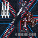 The Machine James Wade Two Tone Steel Tip Darts branded contents image displaying the darts and included accessories alongside Unicorn branding