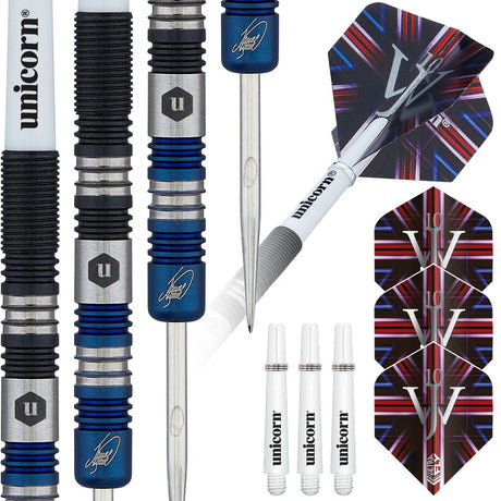 The Machine James Wade Two Tone Steel Tip Darts contents image displaying everything included inside the package