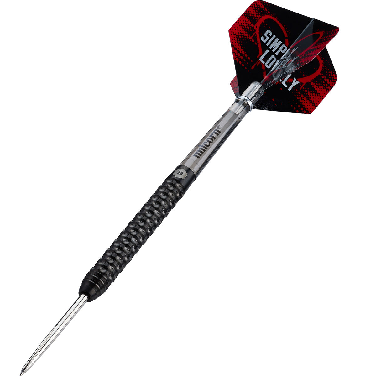 Thomas Lovely Steel Tip Darts angled product image displaying the barrel profile, grip layout, and design features