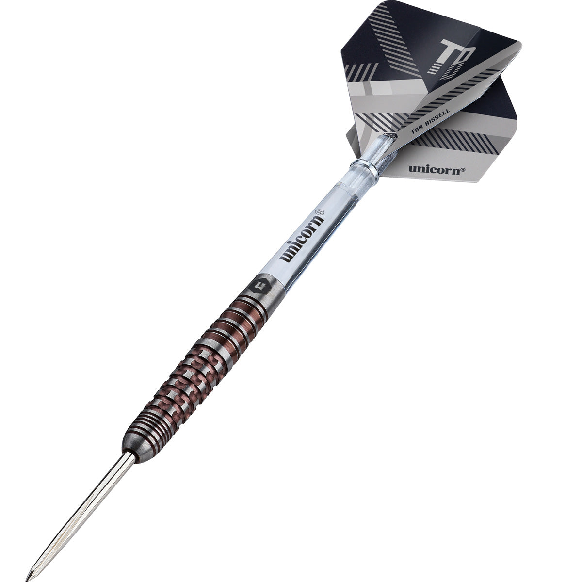 Tom Bissell Rosso Steel Tip Darts angled product image displaying the barrel profile, grip layout, and design features