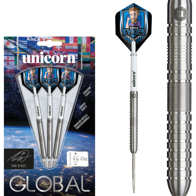 Tom Sykes Steel Tip Darts main product image showing the darts, packaging, flights, shafts, and included accessories