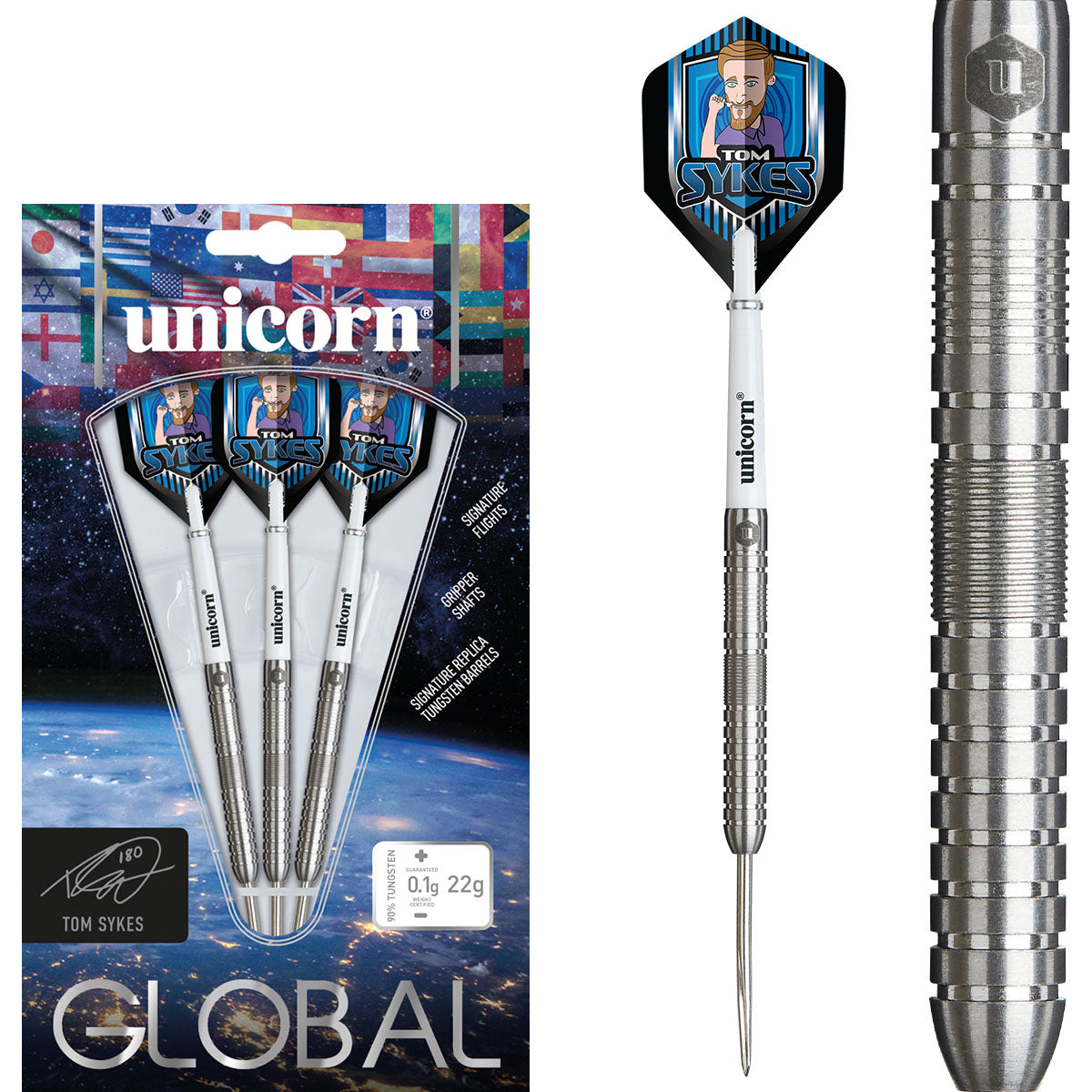 Tom Sykes Steel Tip Darts main product image showing the darts, packaging, flights, shafts, and included accessories
