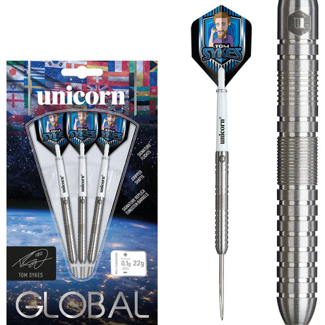Tom Sykes Steel Tip Darts main product image showing the darts, packaging, flights, shafts, and included accessories