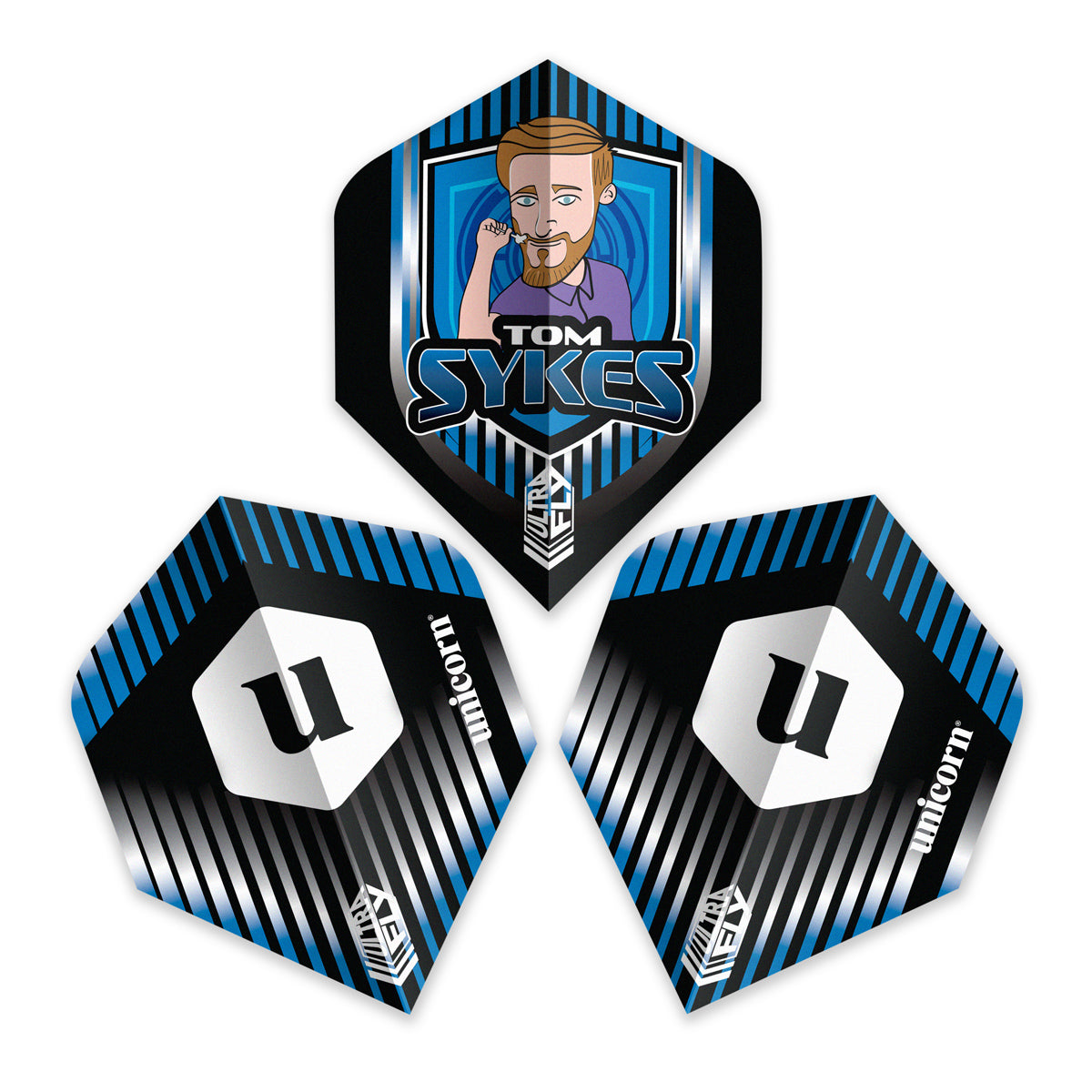 Tom Sykes Ultrafly Plus Dart Flights by Unicorn showing multiple angles of all 3 dart flights on a white background.