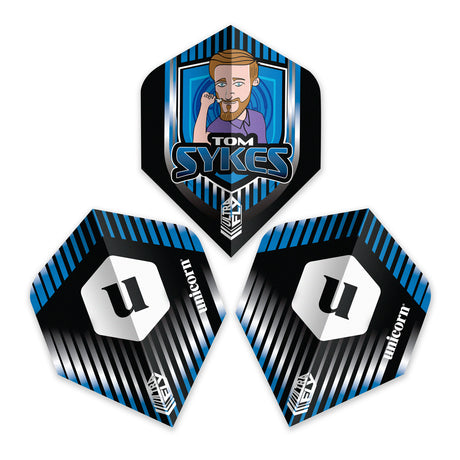 Tom Sykes Ultrafly Plus Dart Flights by Unicorn showing multiple angles of all 3 dart flights on a white background.