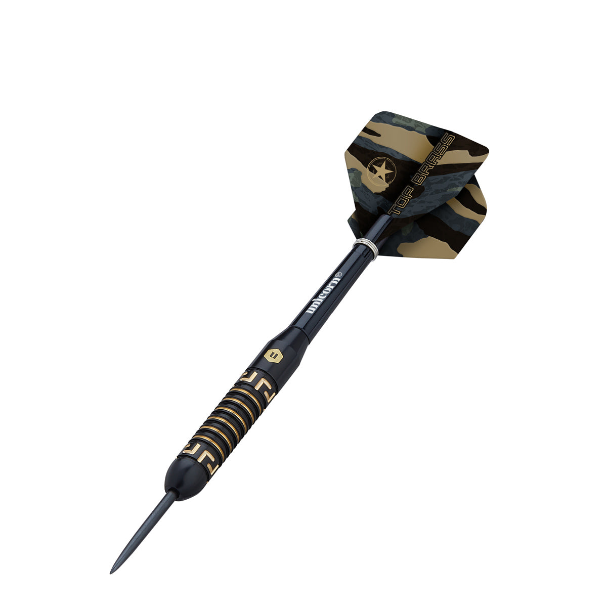 Top Brass 1 Steel Tip Darts angled product image displaying the barrel profile, grip layout, and design features