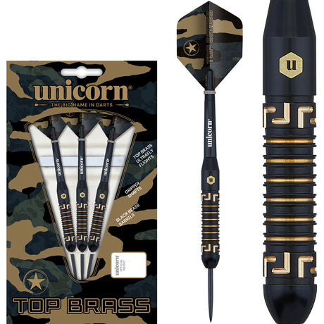Top Brass 1 Steel Tip Darts main product image showing the darts, packaging, flights, shafts, and included accessories