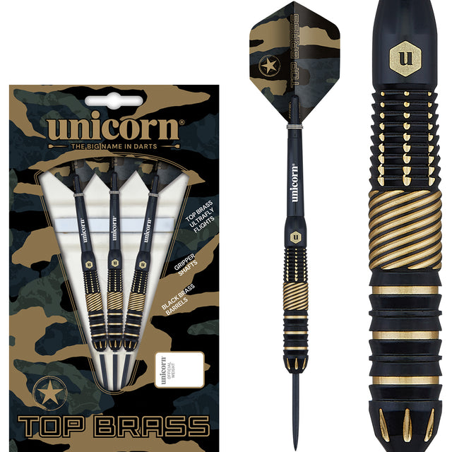 Top Brass 2 Steel Tip Darts main product image showing the darts, packaging, flights, shafts, and included accessories