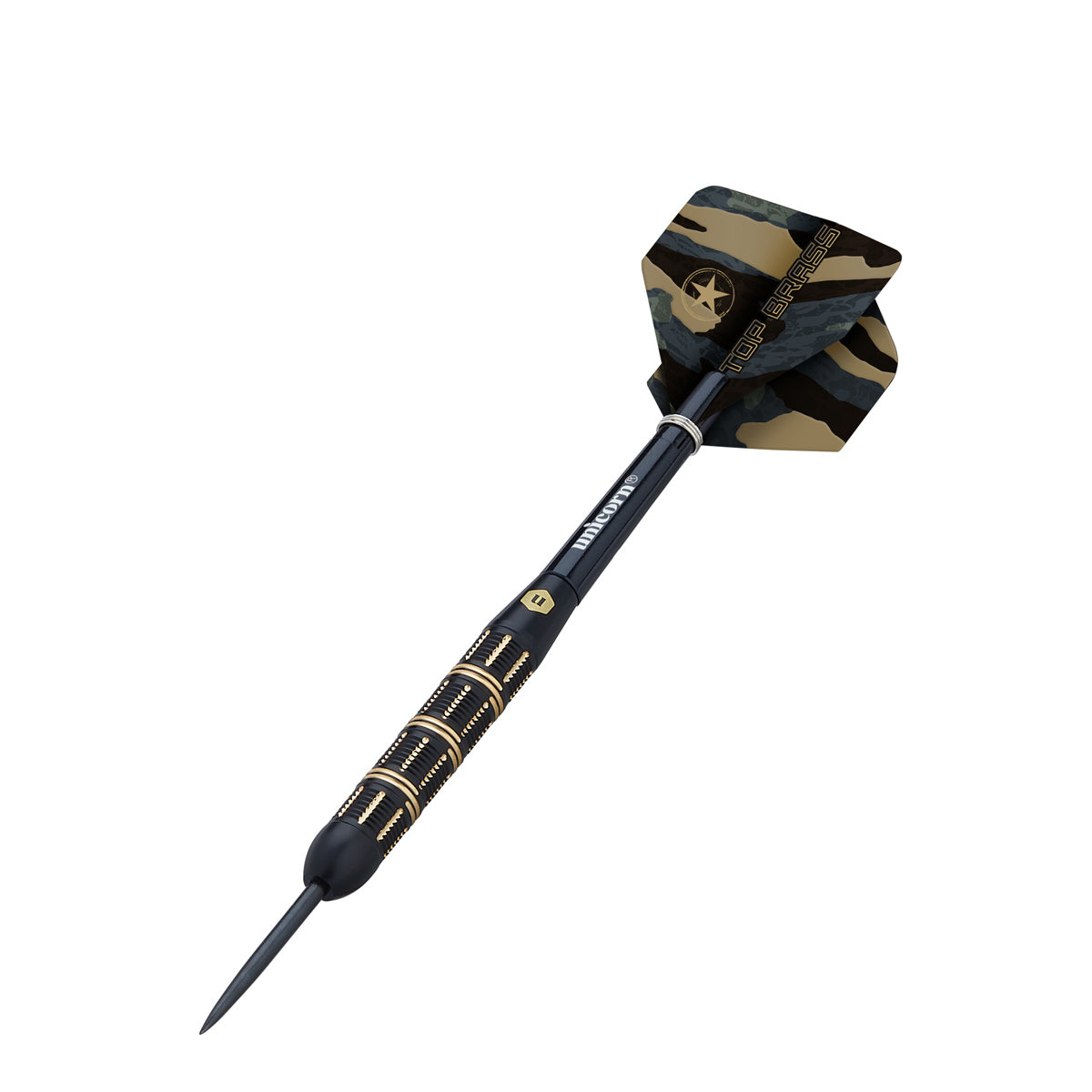 Top Brass 3 Steel Tip Darts angled product image displaying the barrel profile, grip layout, and design features