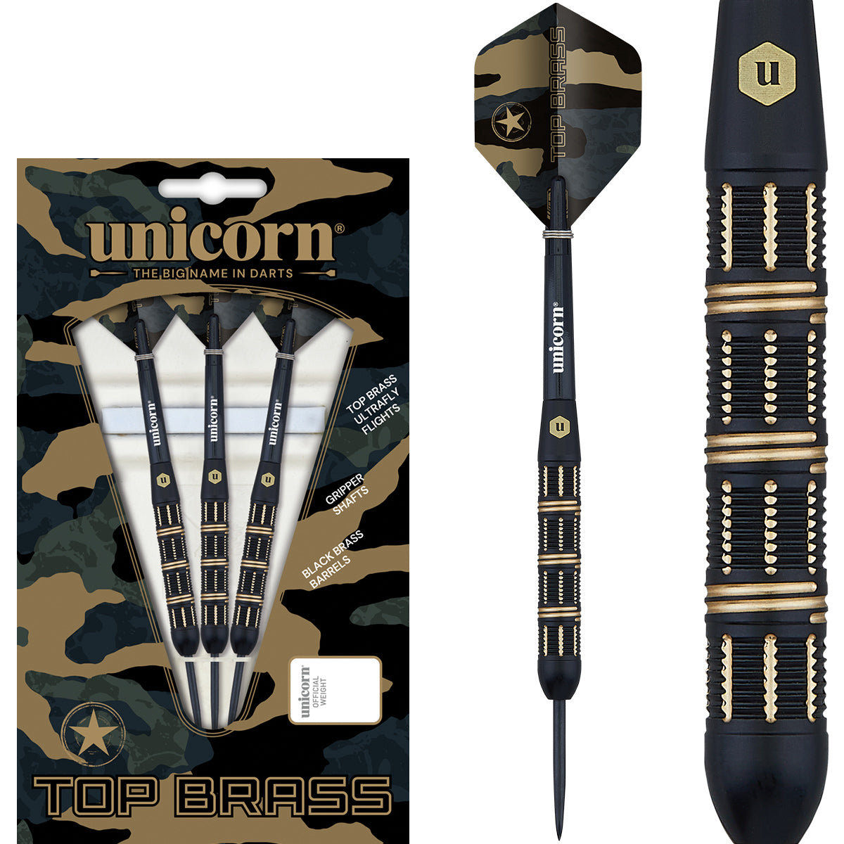 Top Brass 3 Steel Tip Darts main product image showing the darts, packaging, flights, shafts, and included accessories