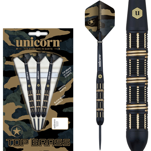 Top Brass 3 Steel Tip Darts main product image showing the darts, packaging, flights, shafts, and included accessories