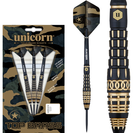 Top Brass 4 Steel Tip Darts main product image showing the darts, packaging, flights, shafts, and included accessories
