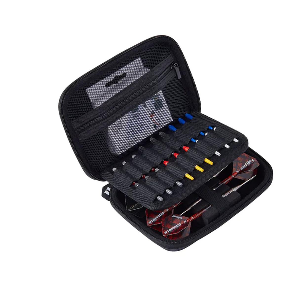 Unicorn Gary Anderson case open with shaft holders, accessories, and mesh pockets
