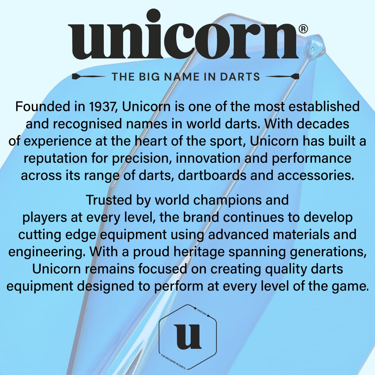 Unicorn brand information card highlighting the company's long standing heritage and expertise in darts.