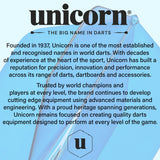 Unicorn brand information card highlighting the company's long standing heritage and expertise in darts.