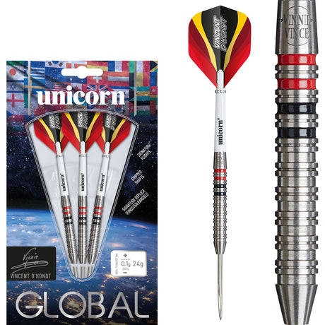 Vincent D'Hondt Steel Tip Darts main product image showing the darts, packaging, flights, shafts, and included accessories