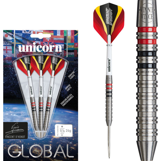 Vincent D'Hondt Steel Tip Darts main product image showing the darts, packaging, flights, shafts, and included accessories