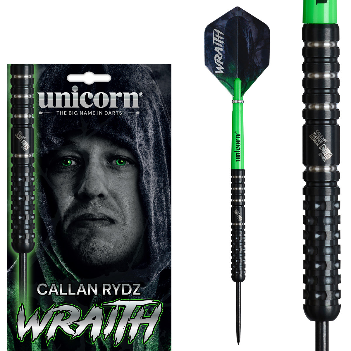 Wraith Callan Rydz Phase 2 Steel Tip Darts main product image showing the darts, packaging, flights, shafts, and included accessories