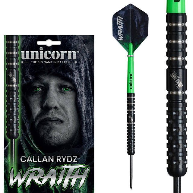 Wraith Callan Rydz Phase 2 Steel Tip Darts main product image showing the darts, packaging, flights, shafts, and included accessories