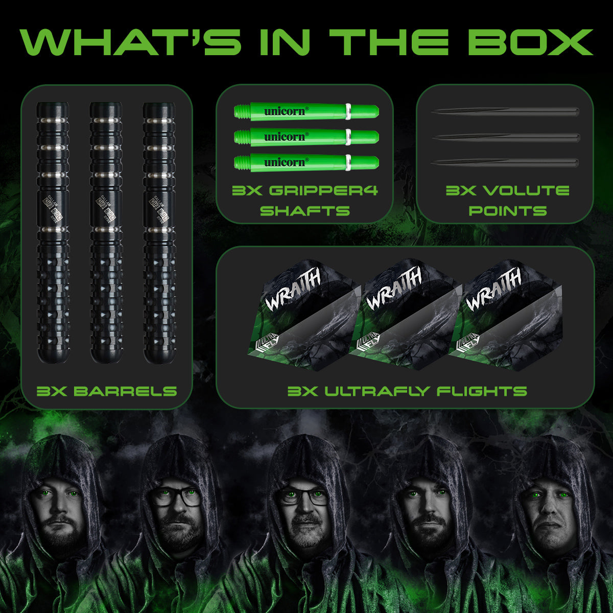 Wraith Callan Rydz Phase 2 Steel Tip Darts contents image displaying everything included inside the package