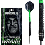 Wraith Gary Anderson Phase 6 Steel Tip Darts main product image showing the darts, packaging, flights, shafts, and included accessories