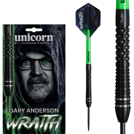 Wraith Gary Anderson Phase 6 Steel Tip Darts main product image showing the darts, packaging, flights, shafts, and included accessories