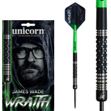Wraith James Wade Phase 2 Steel Tip Darts main product image showing the darts, packaging, flights, shafts, and included accessories