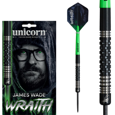 Wraith James Wade Phase 2 Steel Tip Darts main product image showing the darts, packaging, flights, shafts, and included accessories
