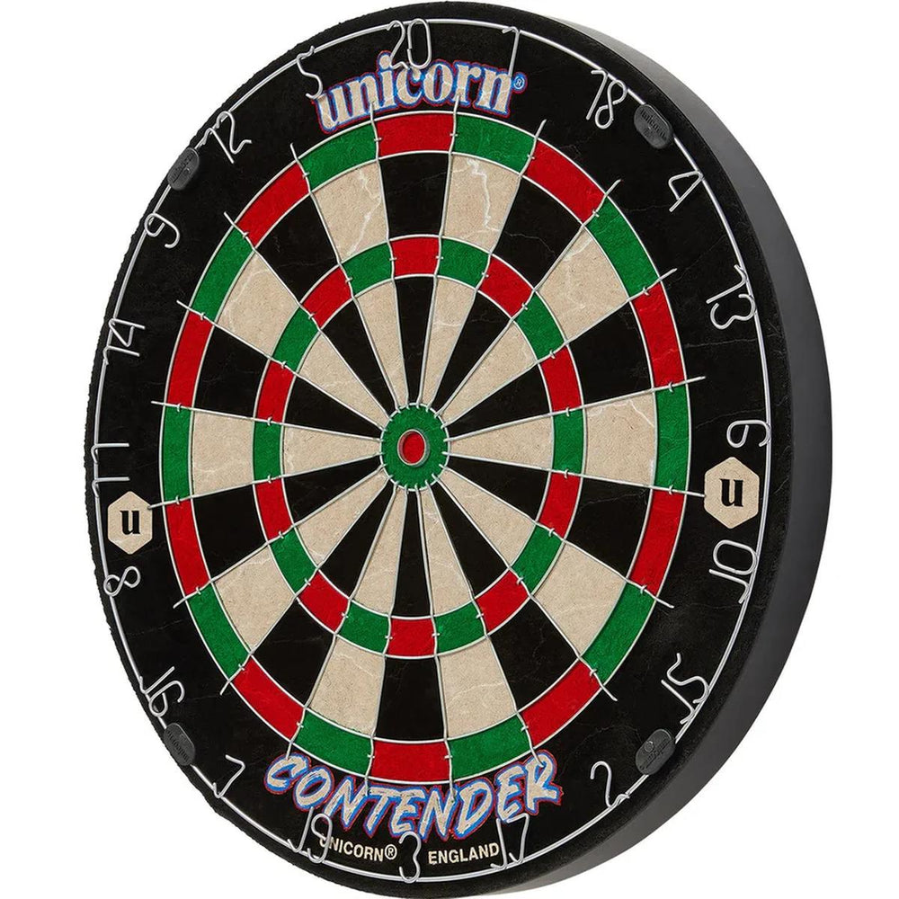 Angled side view of the Unicorn Contender Dartboard displaying depth and construction with visible numbering and branding.