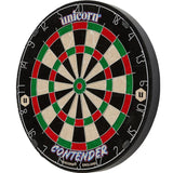 Angled side view of the Unicorn Contender Dartboard displaying depth and construction with visible numbering and branding.