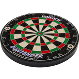 Flat angled view of the Unicorn Contender Dartboard highlighting the surface detail and wire frame structure
