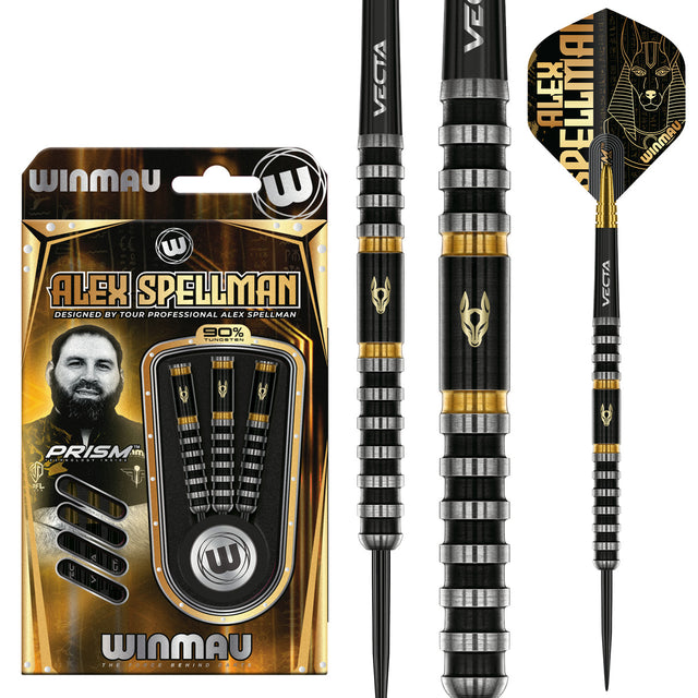 Alex Spellman Steel Tip Darts main product image showing the darts, packaging, flights, shafts, and included accessories