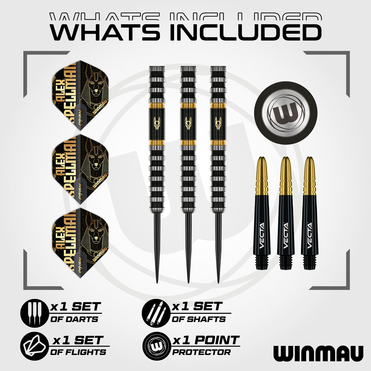 Alex Spellman Steel Tip Darts contents image displaying everything included inside the package