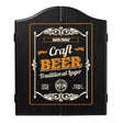 Winmau black dartboard cabinet with a craft beer design on the front, styled like a traditional lager label.