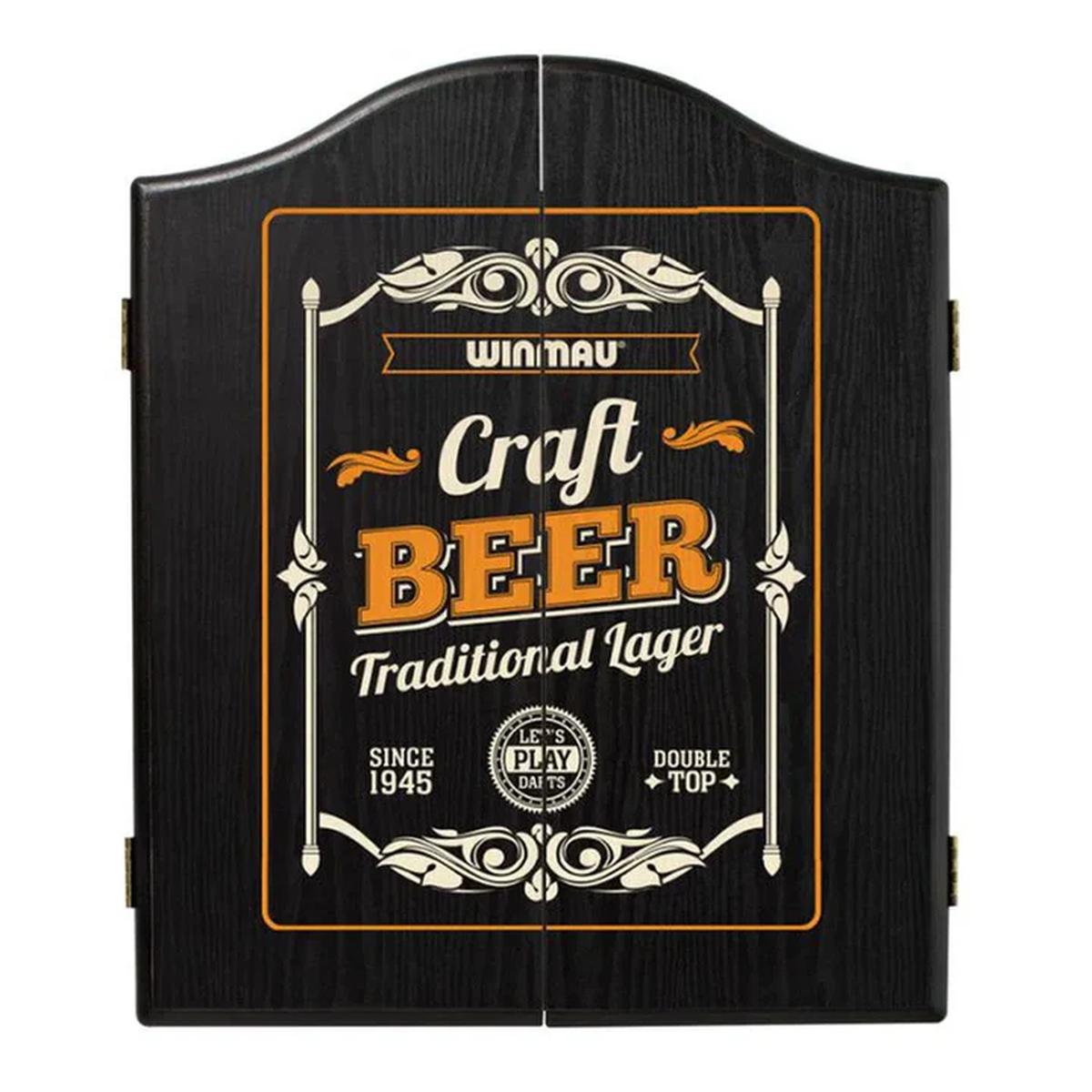 Winmau black dartboard cabinet with a craft beer design on the front, styled like a traditional lager label.