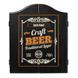 Winmau black dartboard cabinet with a craft beer design on the front, styled like a traditional lager label.