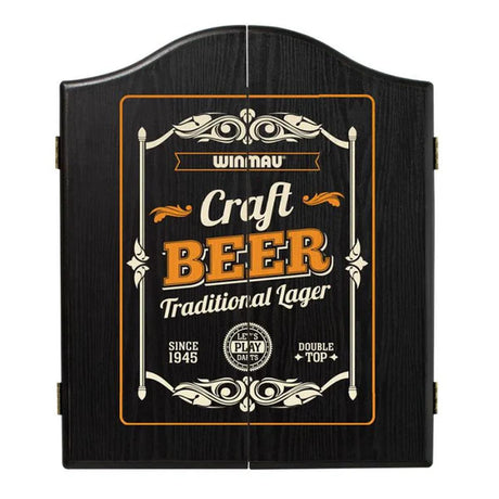 Winmau black dartboard cabinet with a craft beer design on the front, styled like a traditional lager label.