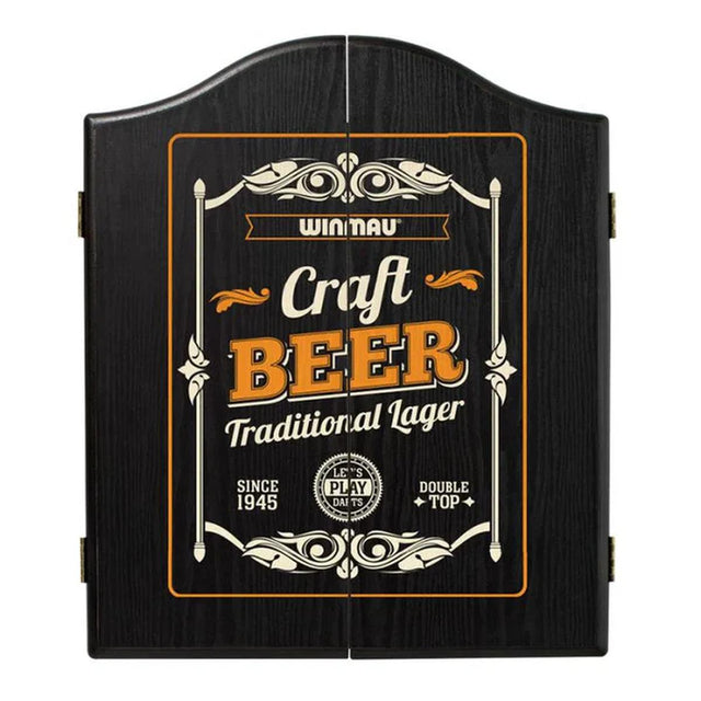 Winmau black dartboard cabinet with a craft beer design on the front, styled like a traditional lager label.