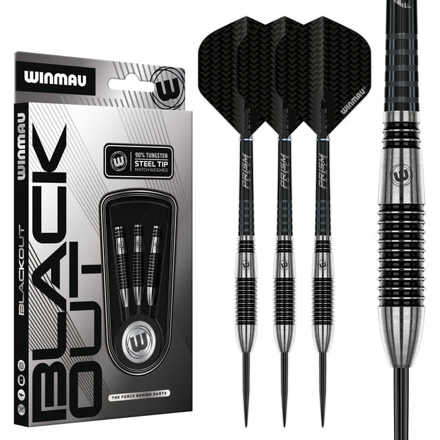 Blackout Bomb Barrel Steel Tip Darts main product image showing the darts, packaging, flights, shafts, and included accessories