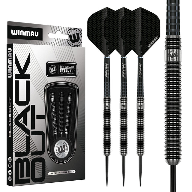Blackout Straight Barrel Steel Tip Darts main product image showing the darts, packaging, flights, shafts, and included accessories