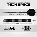 Blackout Straight Barrel Steel Tip Darts technical specifications image showing barrel dimensions, weight information, grip profile, and key product features