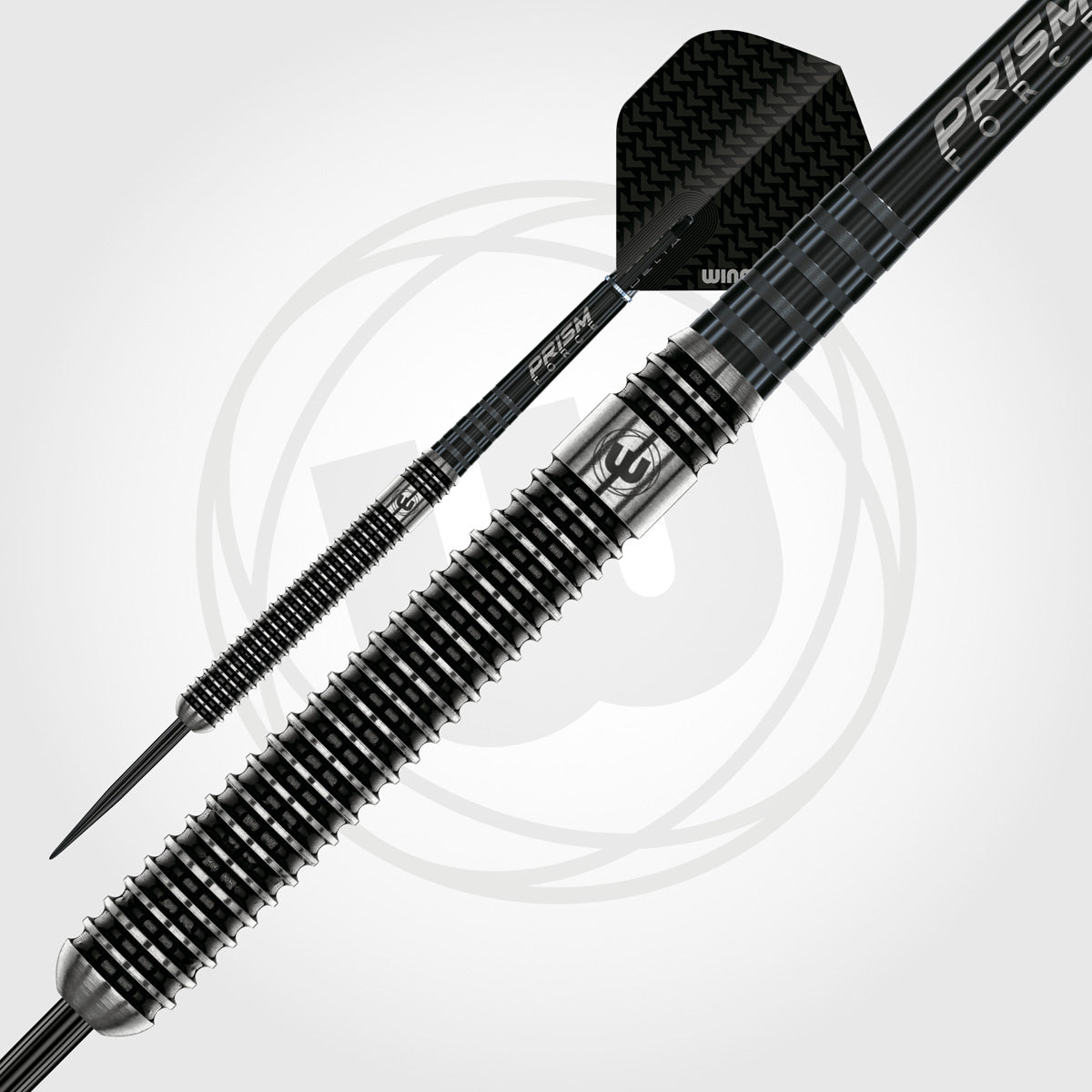 Blackout Straight Barrel Steel Tip Darts close up image showing detailed grip patterns, machining, coating, and precision craftsmanship